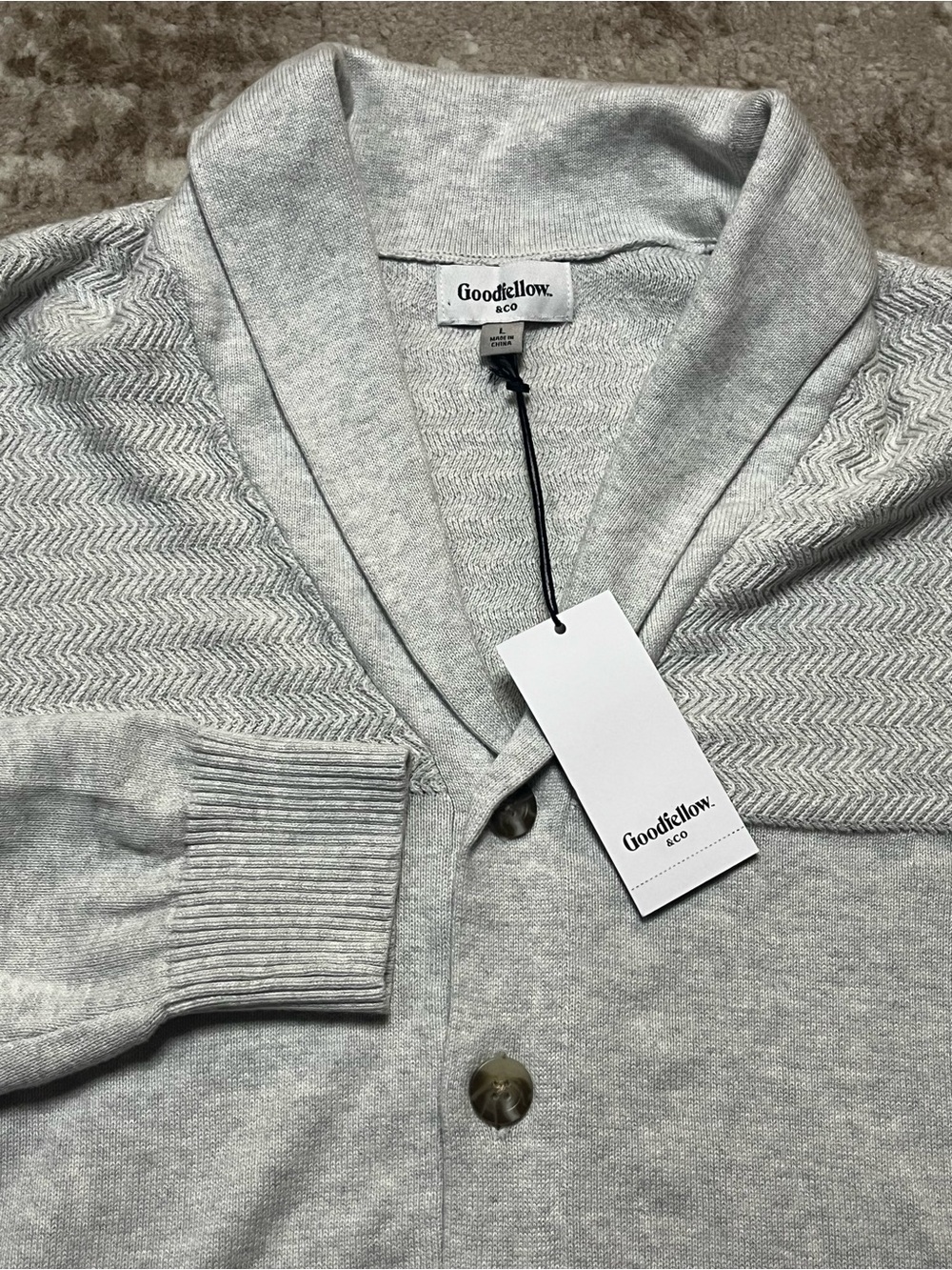 NWT Goodfellow & Co Mens Large Shawl Collar Cardigan Sweater Light Grey Knit L
